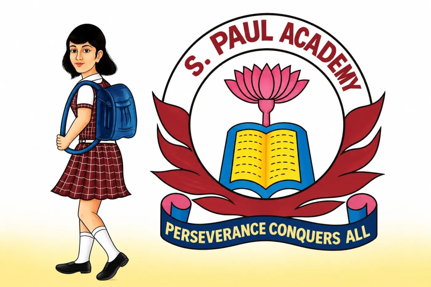 A S. Paul Academy student in school uniform with her school bag, beside the school crest and the motto Perseverance Conquers All