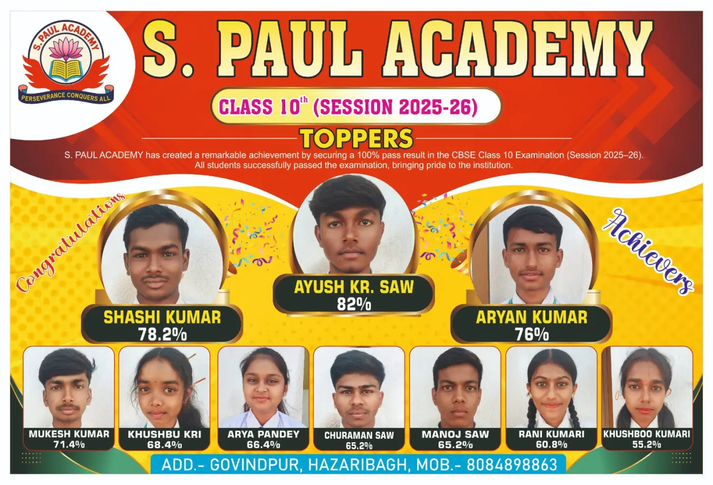 S. Paul Academy — CBSE Class 10 Toppers, Session 2025-26